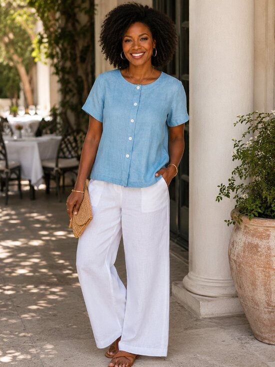 Orvis Tops - 'Orvis' 100% Linen Light Blue Short Sleeve Button Front Shirt - Size L (14/16)